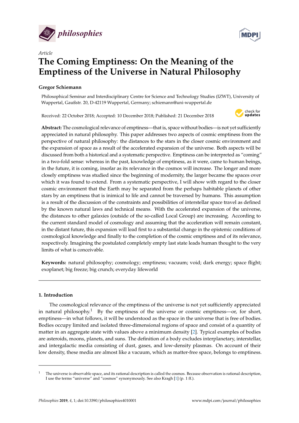 On the Meaning of the Emptiness of the Universe in Natural Philosophy