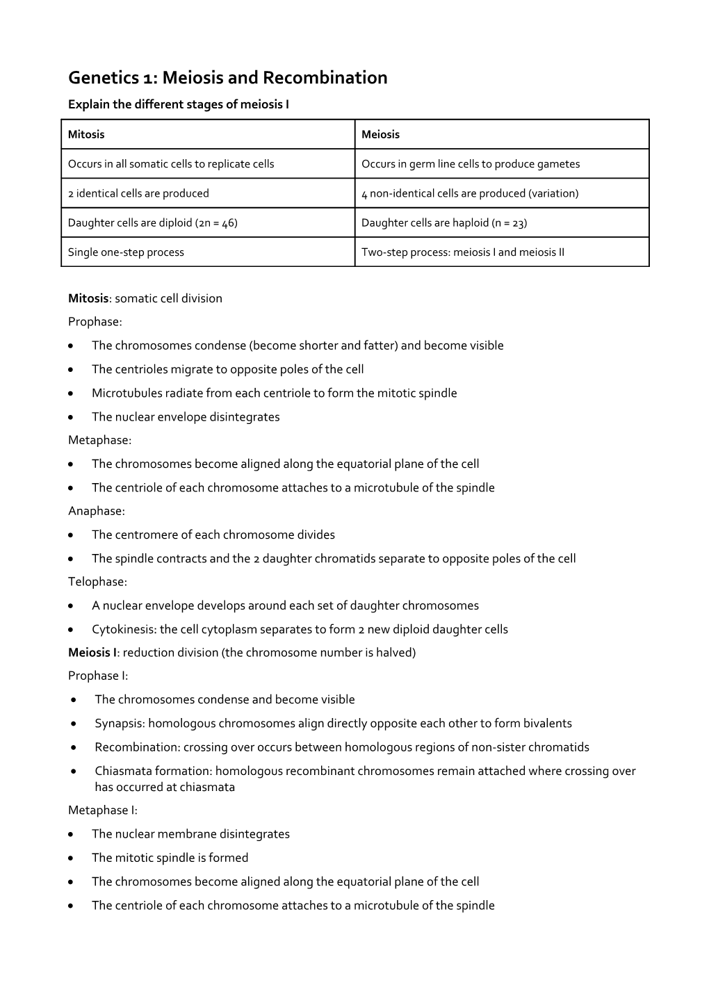 Genetics 1: Meiosis and Recombination