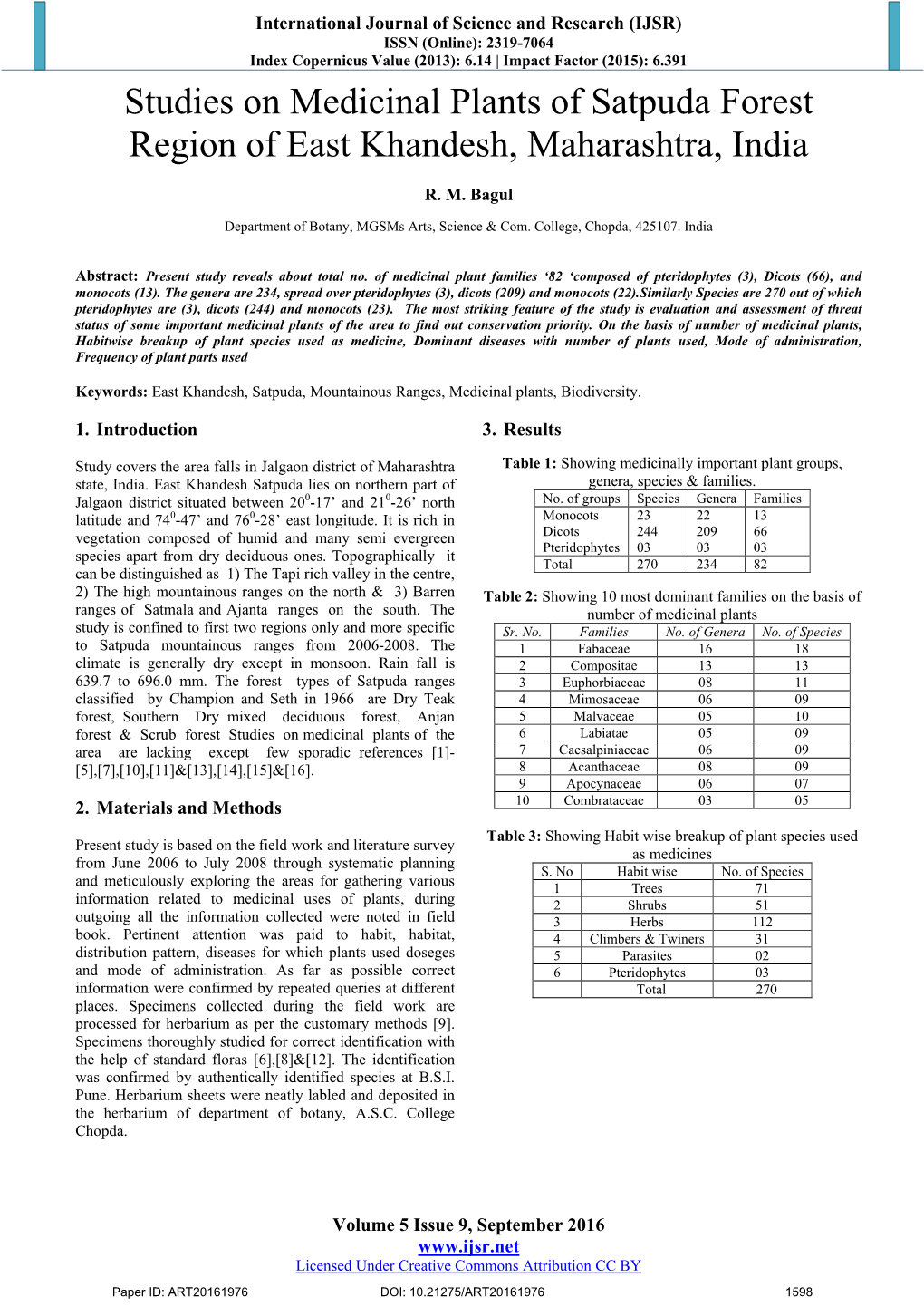 Studies on Medicinal Plants of Satpuda Forest Region of East Khandesh, Maharashtra, India