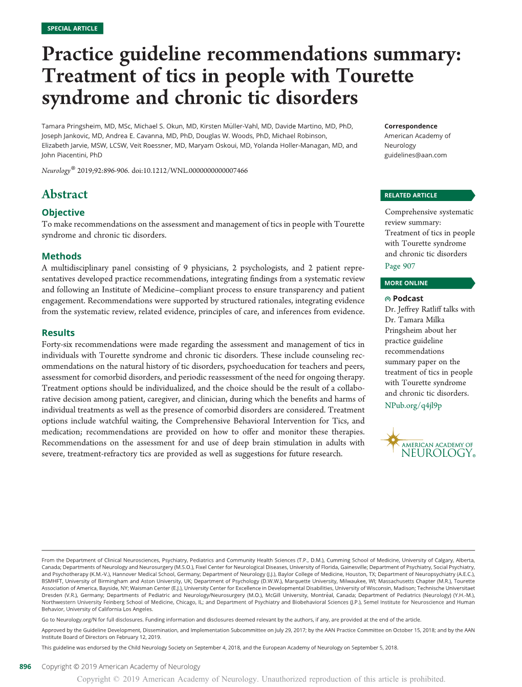 Practice Guideline Recommendations Summary: Treatment of Tics in People with Tourette Syndrome and Chronic Tic Disorders