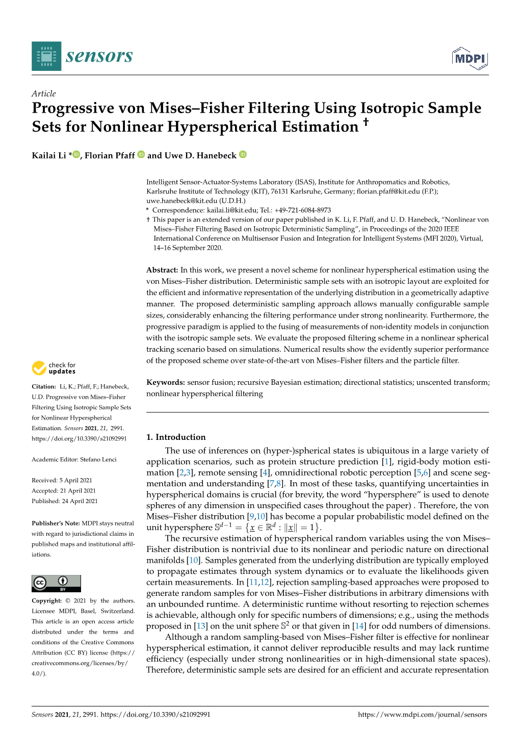 Progressive Von Mises–Fisher Filtering Using Isotropic Sample Sets for Nonlinear Hyperspherical Estimation †