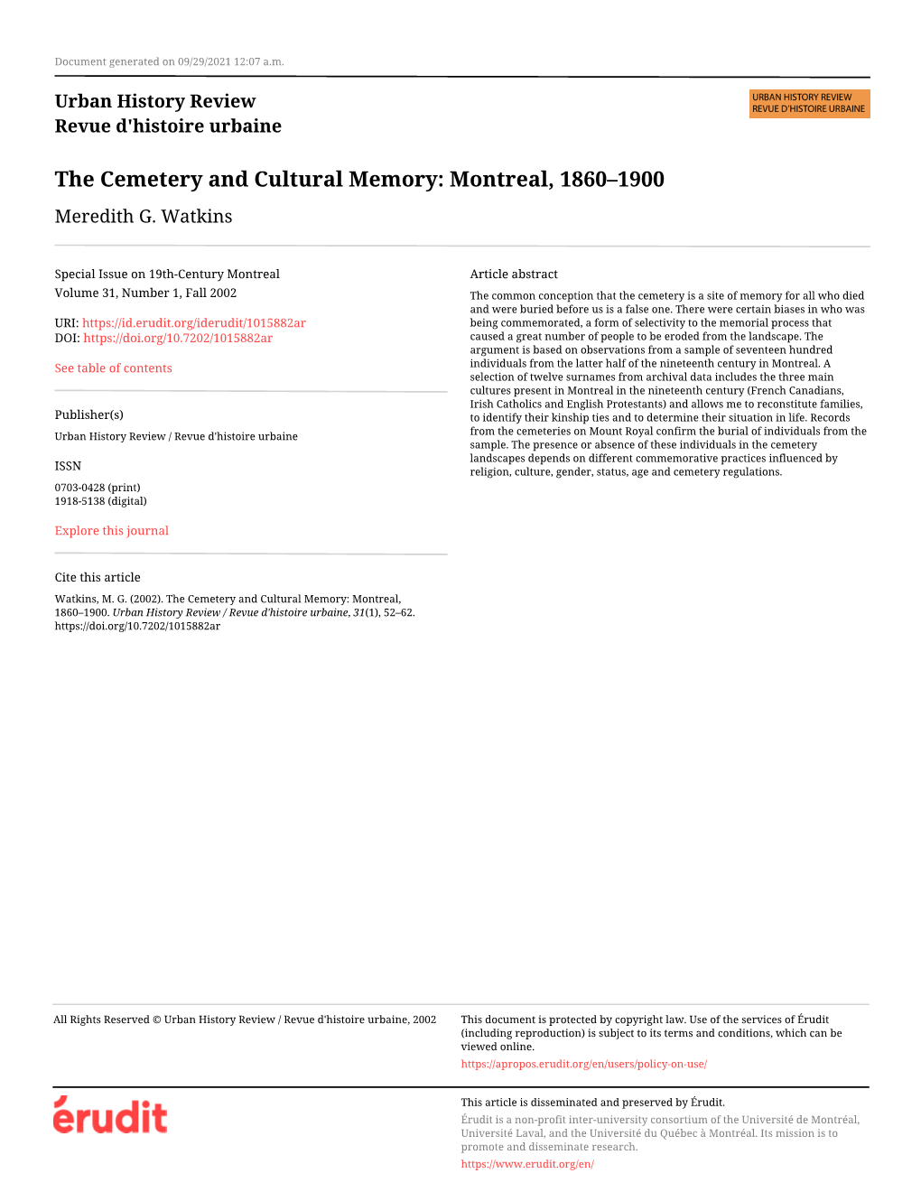 ﻿The Cemetery and Cultural Memory: Montreal, 1860–1900
