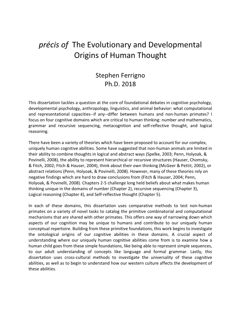 Précis of the Evolutionary and Developmental Origins of Human Thought