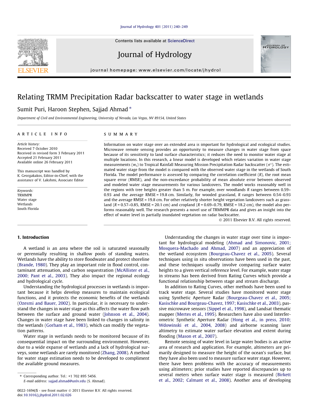 Relating TRMM Precipitation Radar Backscatter to Water Stage in Wetlands ⇑ Sumit Puri, Haroon Stephen, Sajjad Ahmad