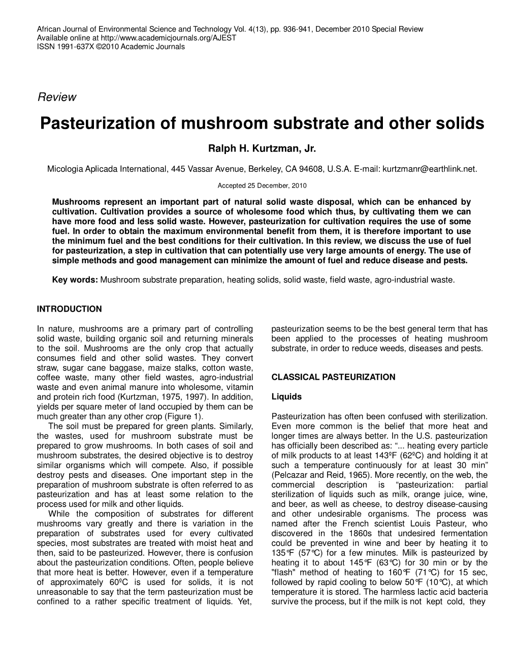 Pasteurization of Mushroom Substrate and Other Solids