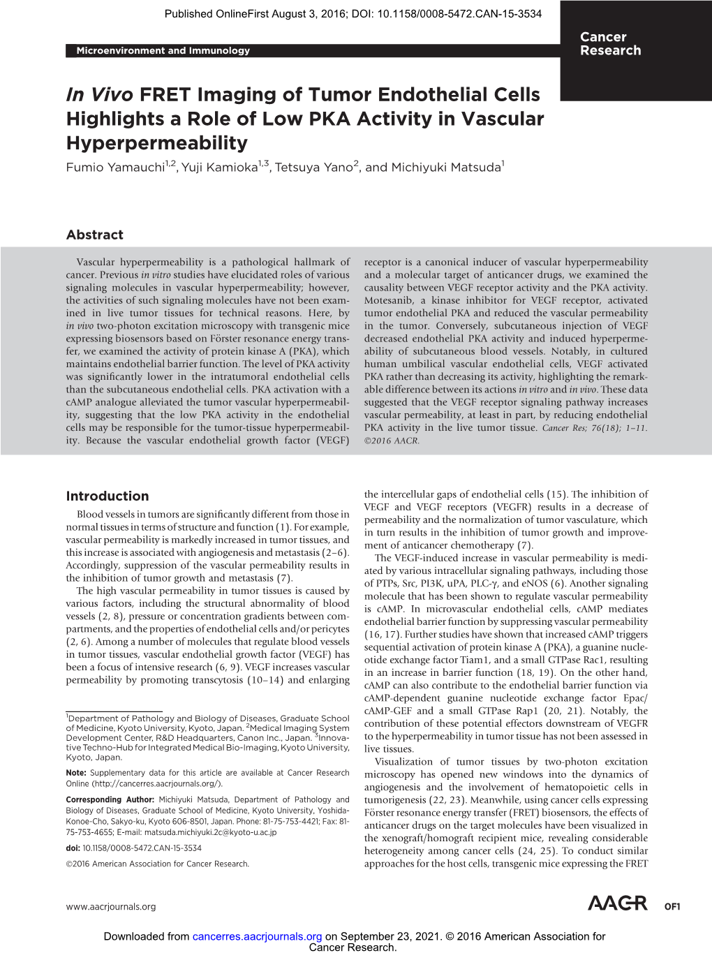 In Vivo FRET Imaging of Tumor Endothelial Cells Highlights a Role of Low PKA Activity in Vascular Hyperpermeability