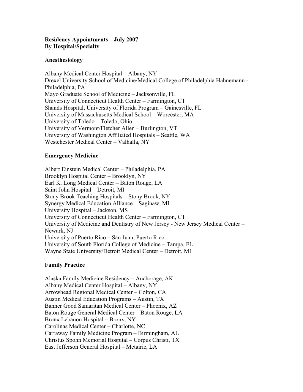 2007 Ross University Medical School Residency Appointments