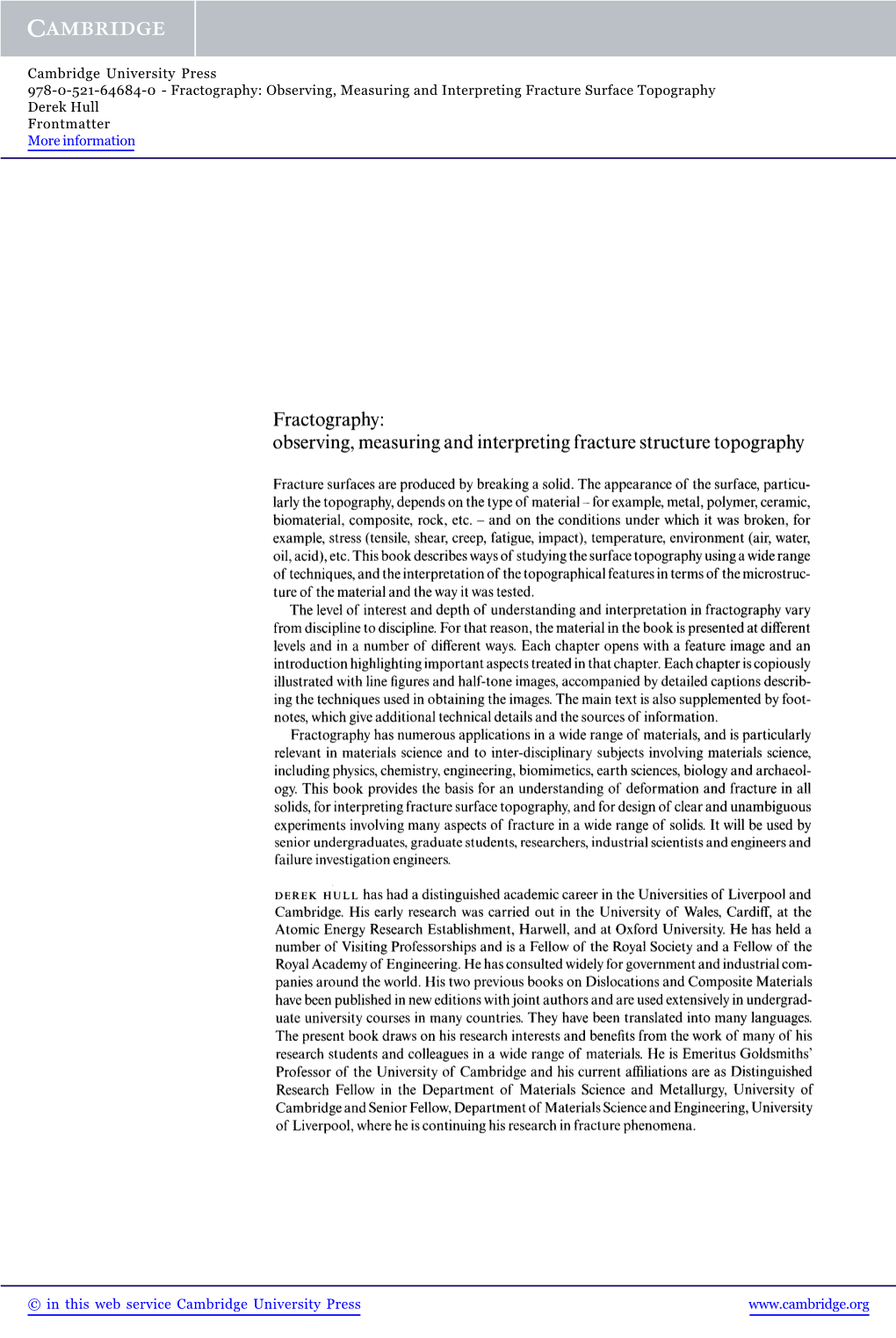 Fractography: Observing, Measuring and Interpreting Fracture Surface Topography Derek Hull Frontmatter More Information