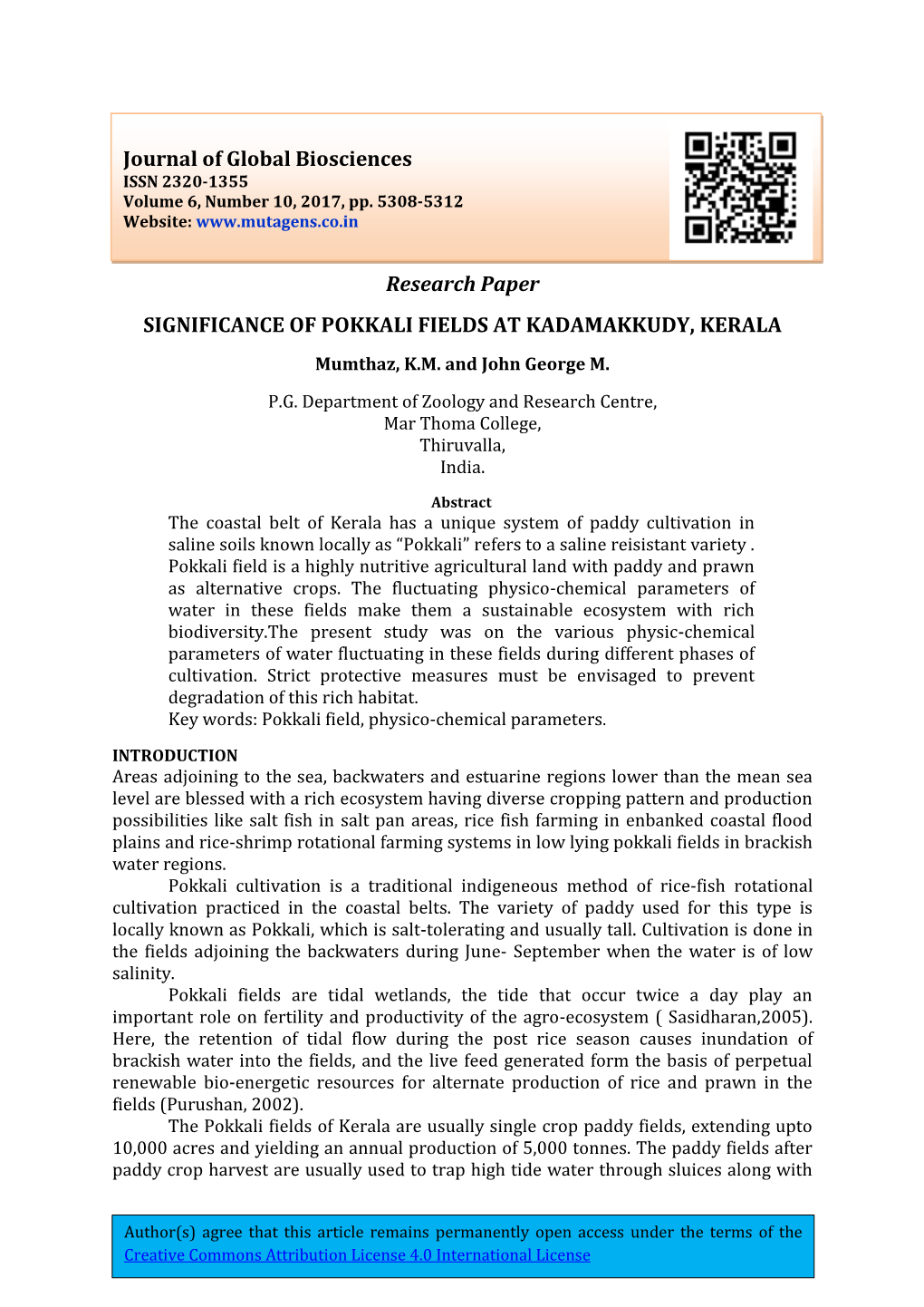 Research Paper SIGNIFICANCE of POKKALI FIELDS at KADAMAKKUDY, KERALA