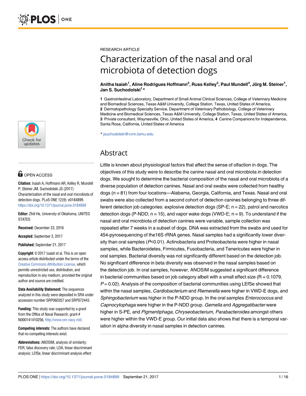 Characterization of the Nasal and Oral Microbiota of Detection Dogs