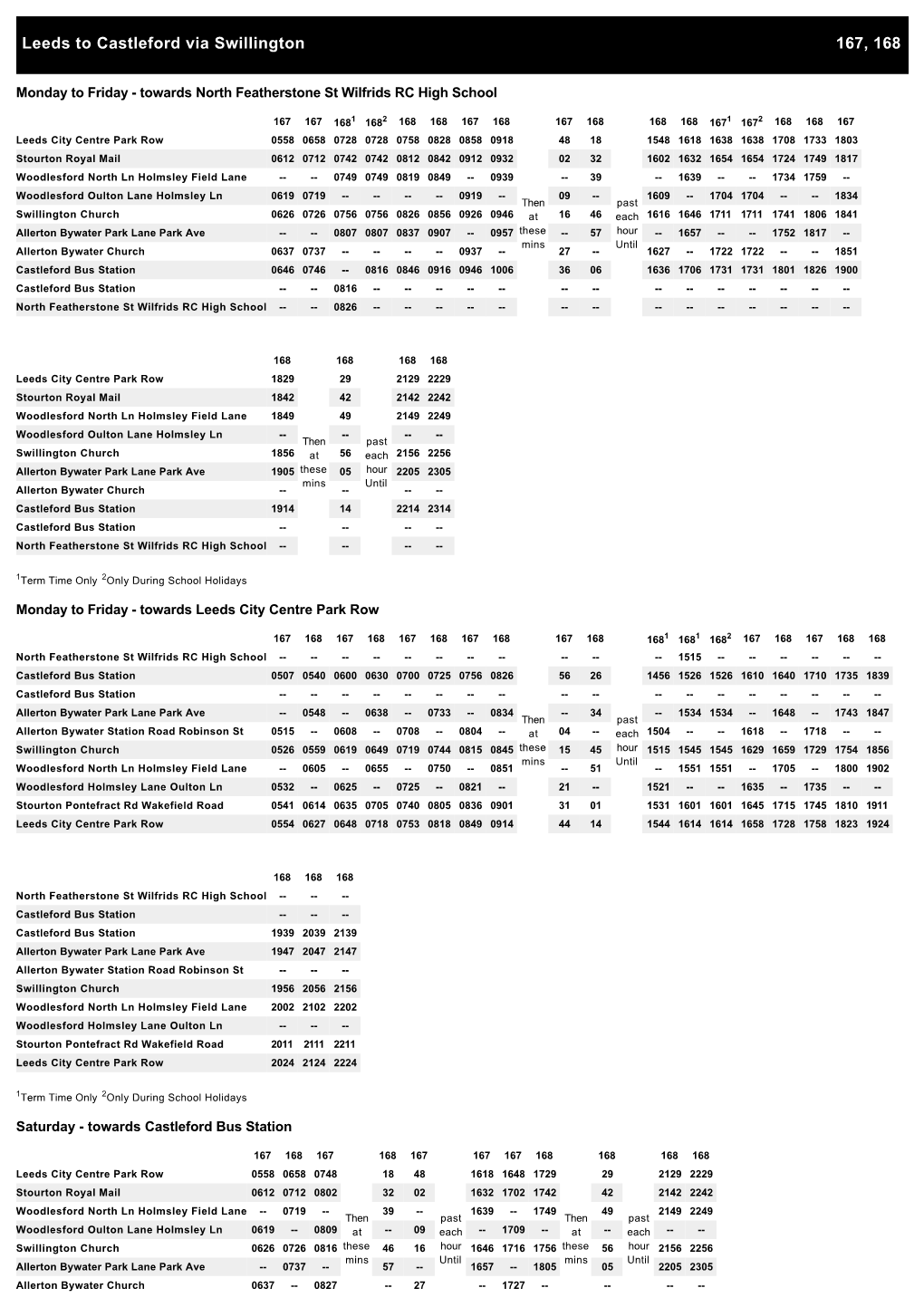 167, 168 Leeds to Castleford Via Swillington