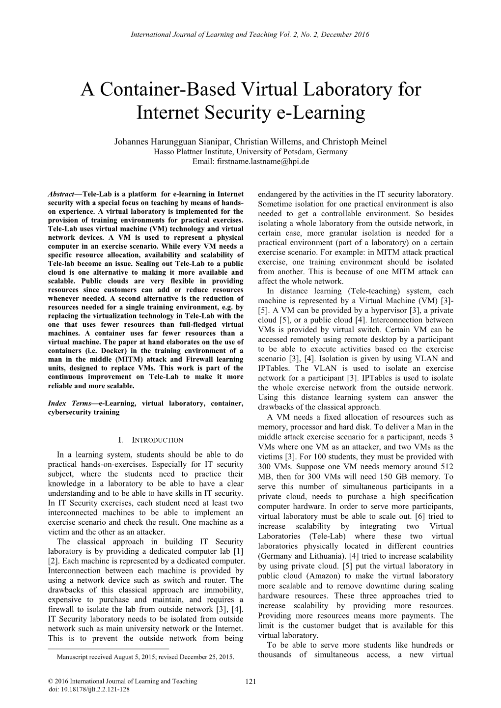 A Container-Based Virtual Laboratory for Internet Security E-Learning