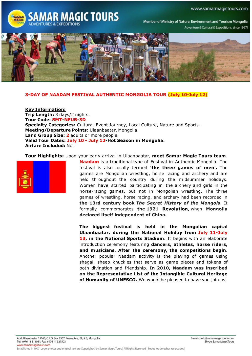 3-DAY of NAADAM FESTIVAL AUTHENTIC MONGOLIA TOUR (July 10-July 12)