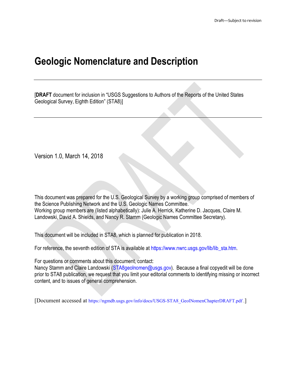 Draft of USGS STA-8 Chapter on Geologic Nomenclature And