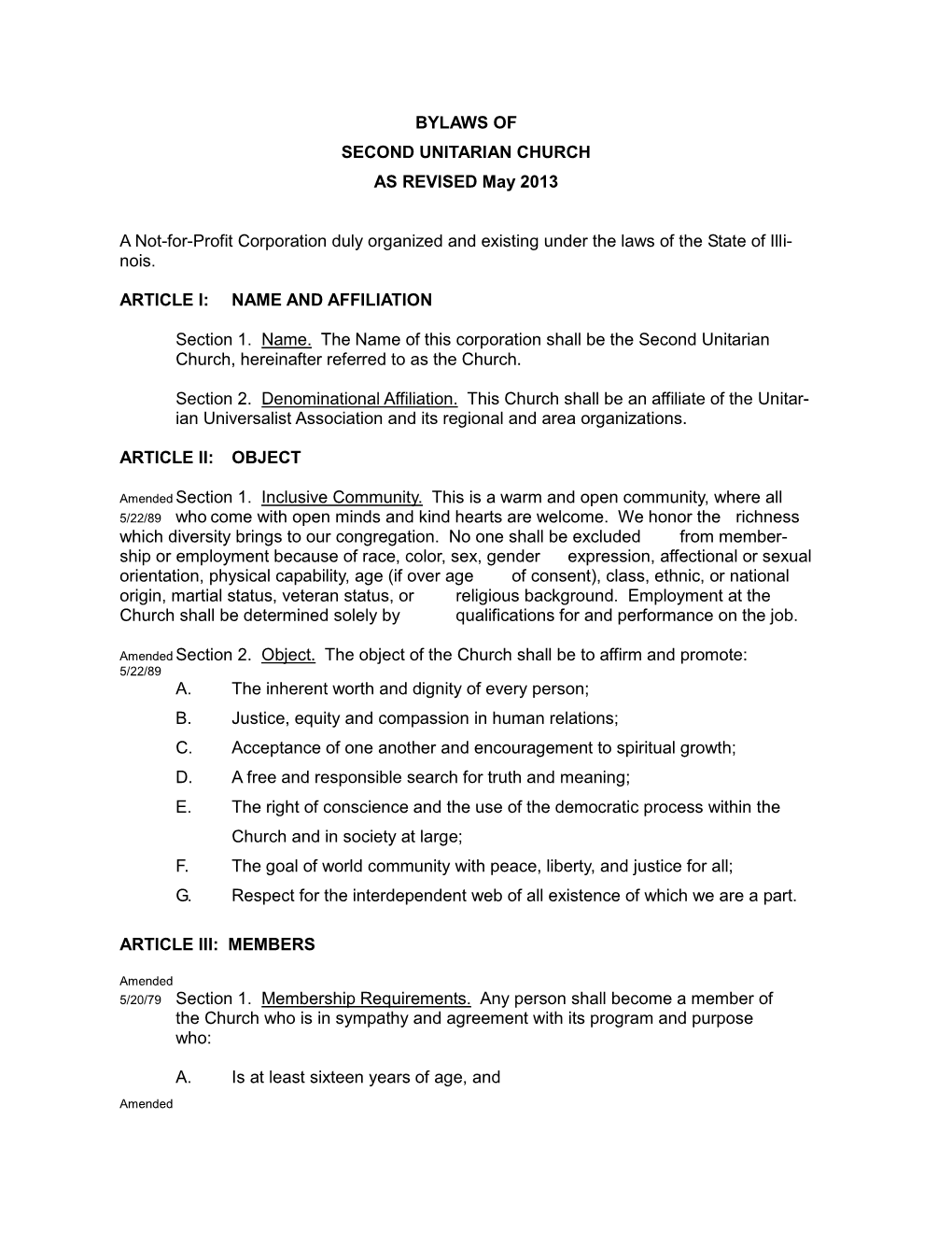 BYLAWS of SECOND UNITARIAN CHURCH AS REVISED May 2013