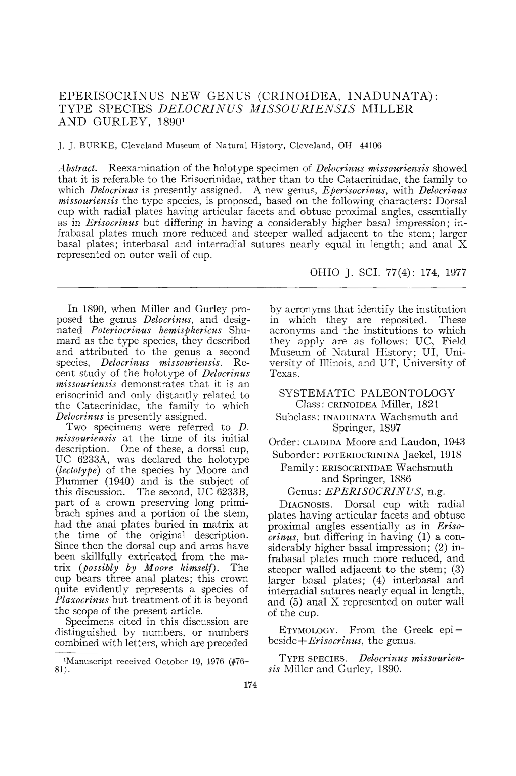 Eperisocrinus New Genus (Crinoidea,Inadunata): Type Species Delocrinus Missouriensis Miller and Gurley, 1890