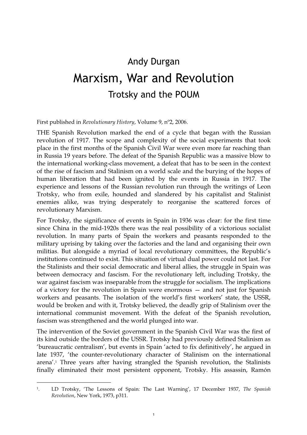 Marxism, War and Revolution Trotsky and the POUM