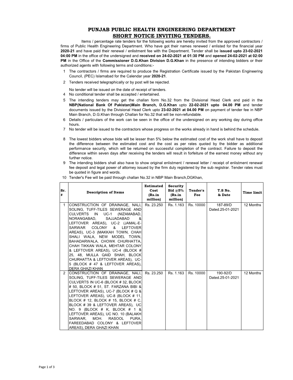 Punjab Public Health Engineering Department Short Notice Inviting Tenders