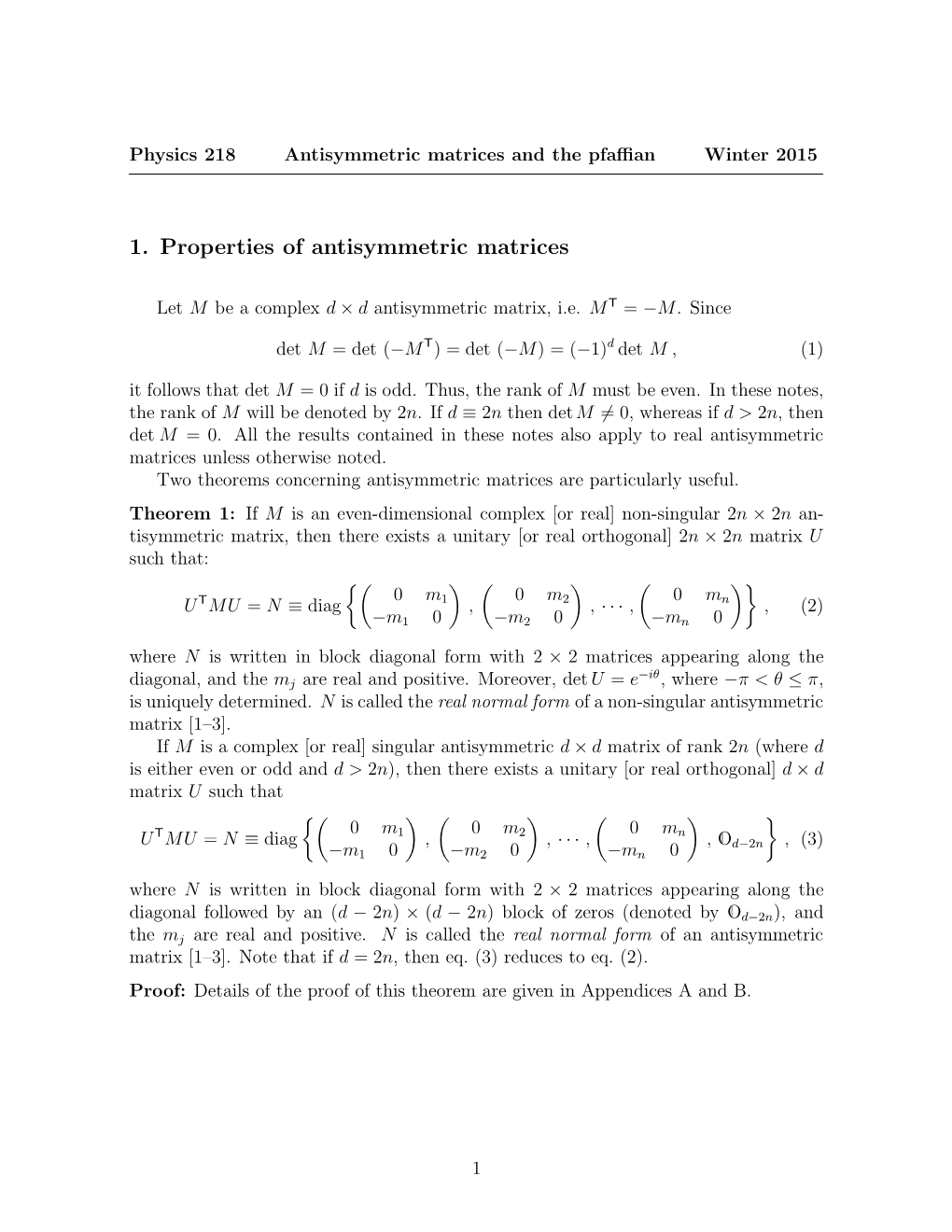 1. Properties of Antisymmetric Matrices