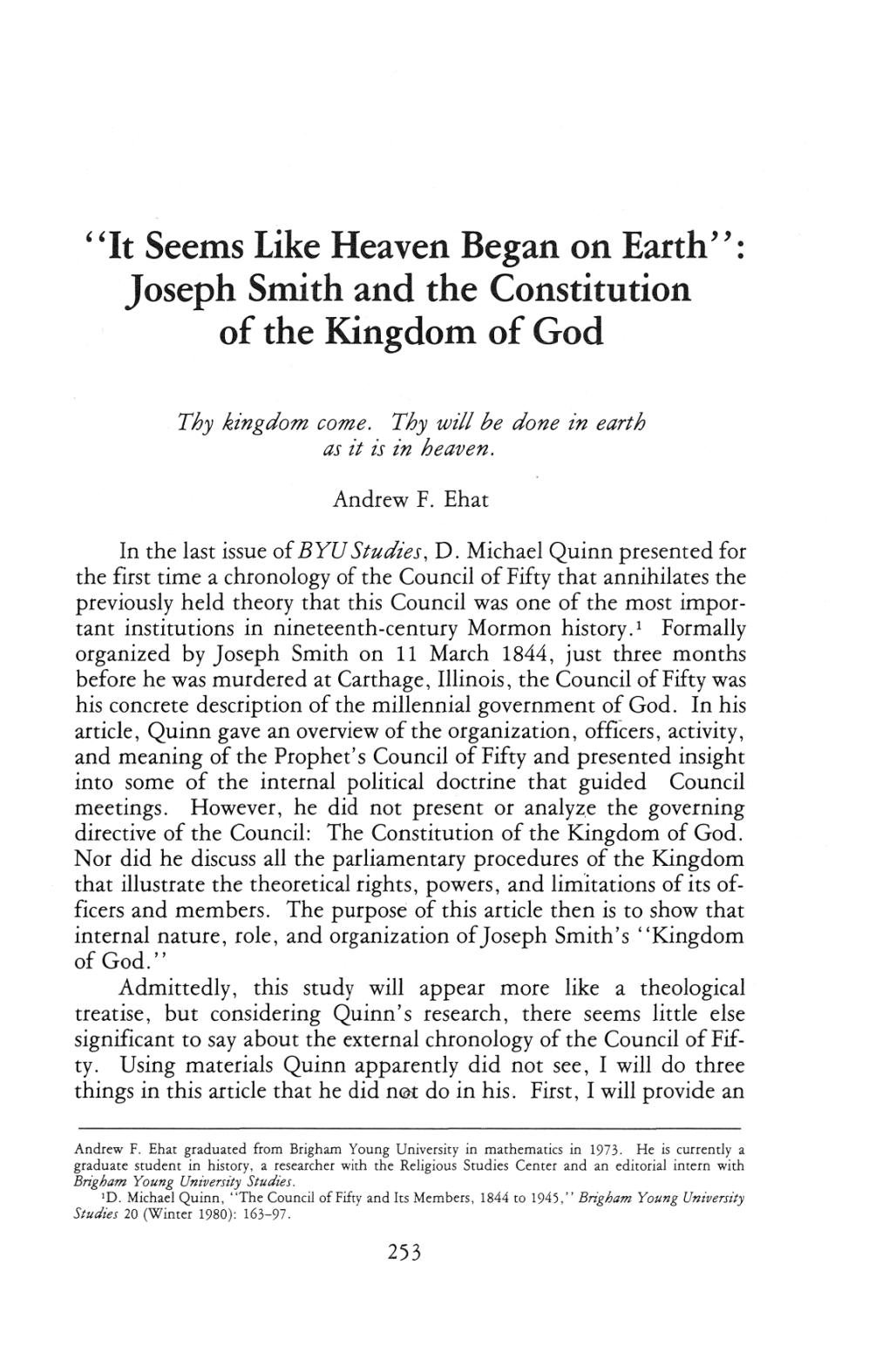 It Seems Like Heaven Began on Earth Joseph Smith and the Constitution of the Kingdom of God