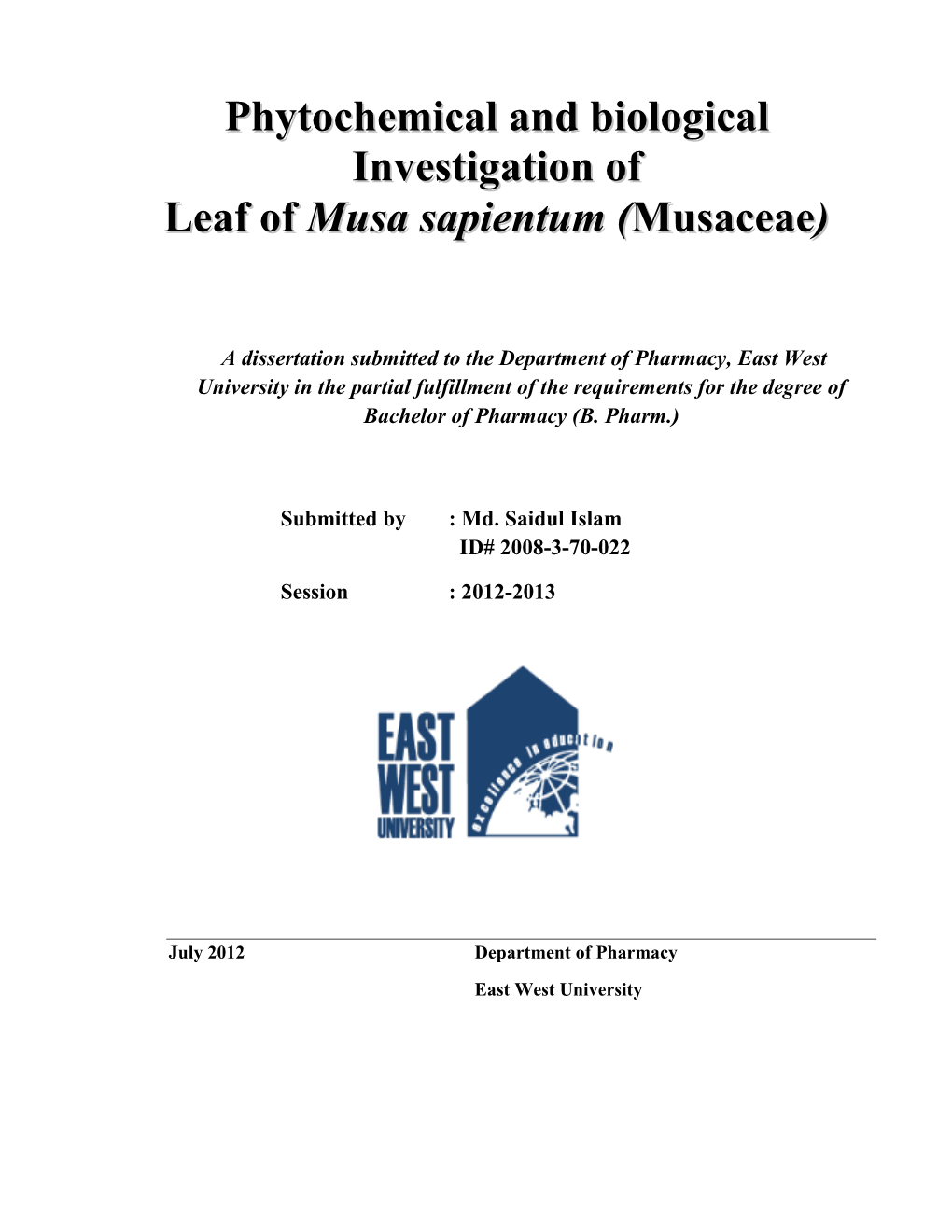 Phytochemical and Biological Investigation of Leaf of Musa