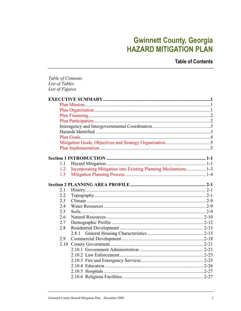 Gwinnett County, Georgia HAZARD MITIGATION PLAN Table of Contents