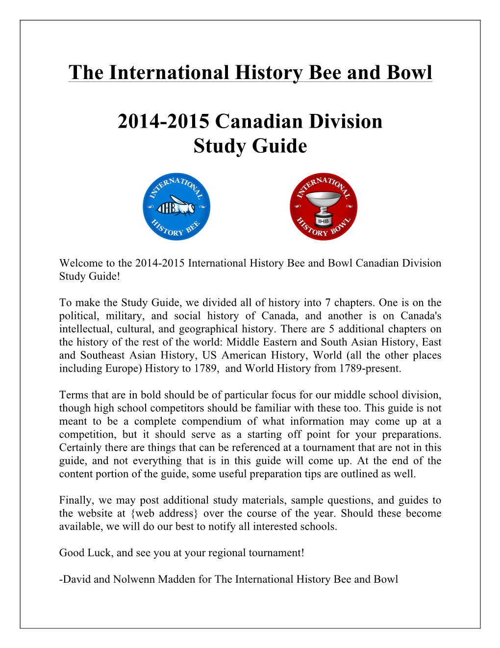 The International History Bee and Bowl 2014-2015 Canadian Division