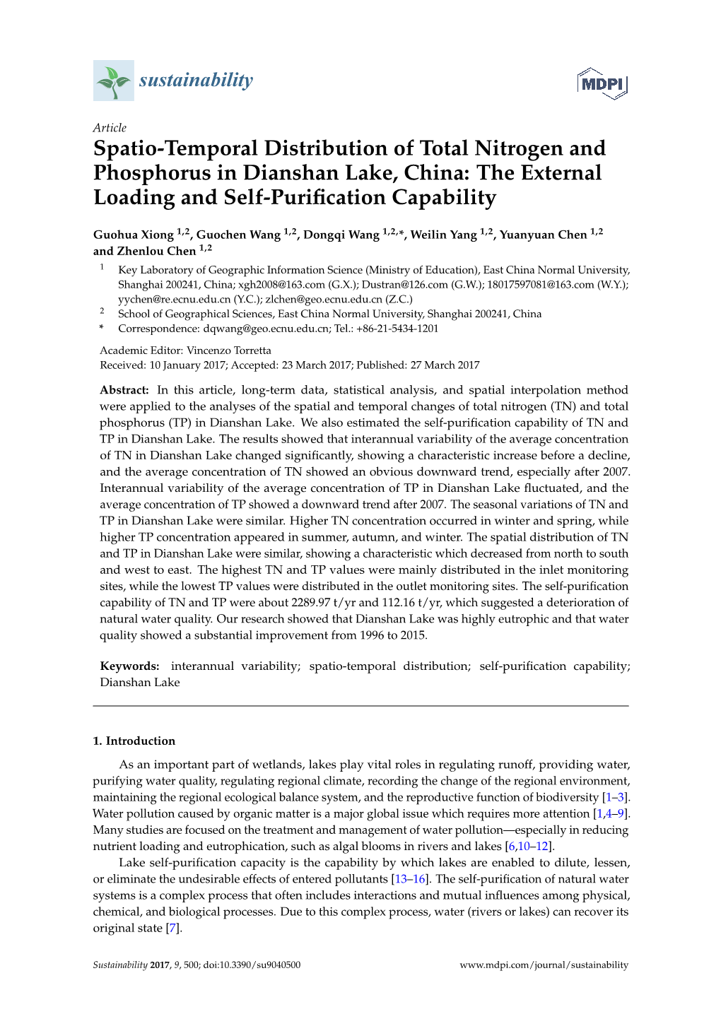 Spatio-Temporal Distribution of Total Nitrogen and Phosphorus in Dianshan Lake, China: the External Loading and Self-Puriﬁcation Capability