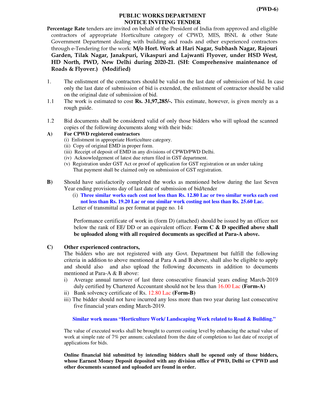 Hari Nagar, Subhash Nagar, Rajouri Garden, Tilak Nagar, Janakpuri, Vikaspuri and Lajwanti Flyover, Under HSD West, HD North, PWD, New Delhi During 2020-21