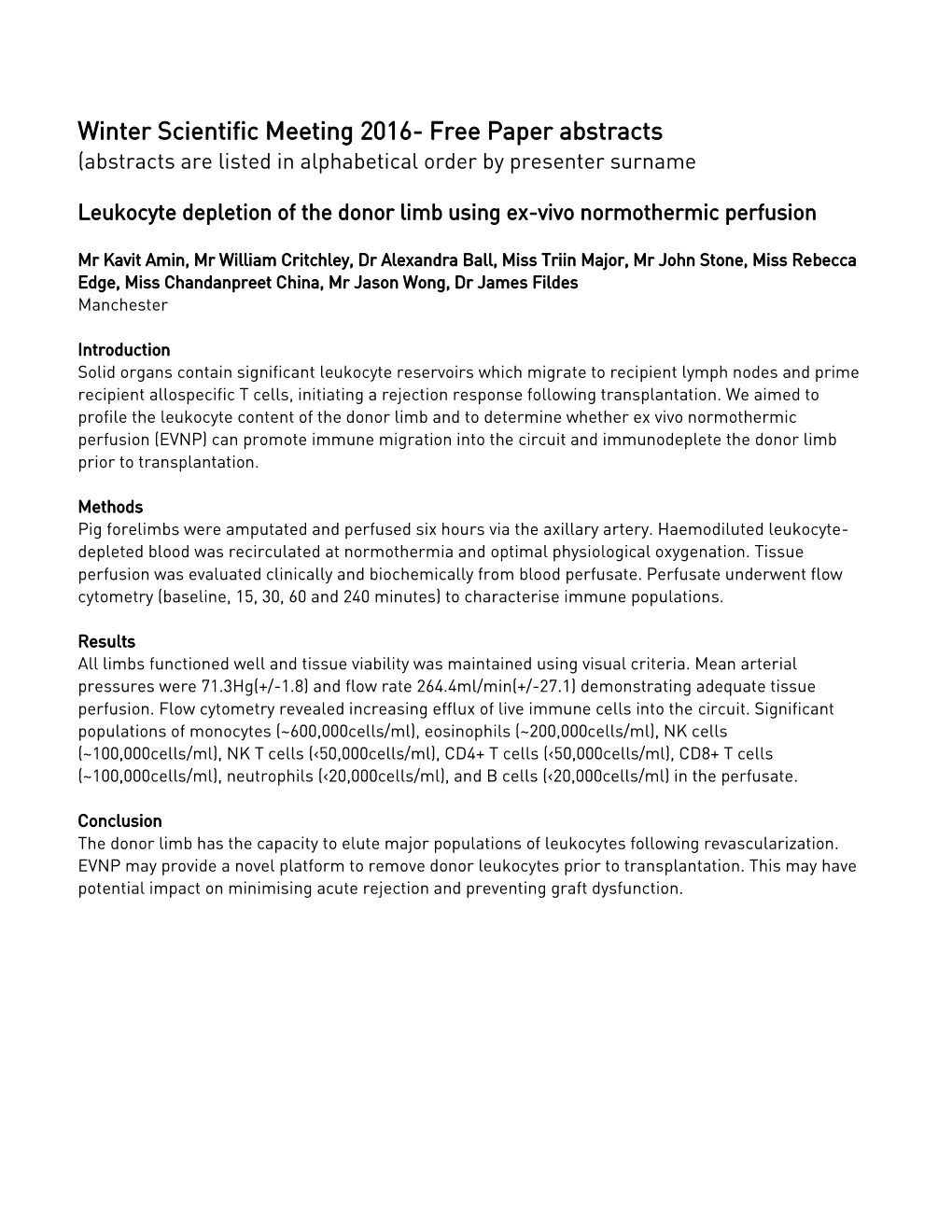 Winter Scientific Meeting 2016- Free Paper Abstracts (Abstracts Are Listed in Alphabetical Order by Presenter Surname