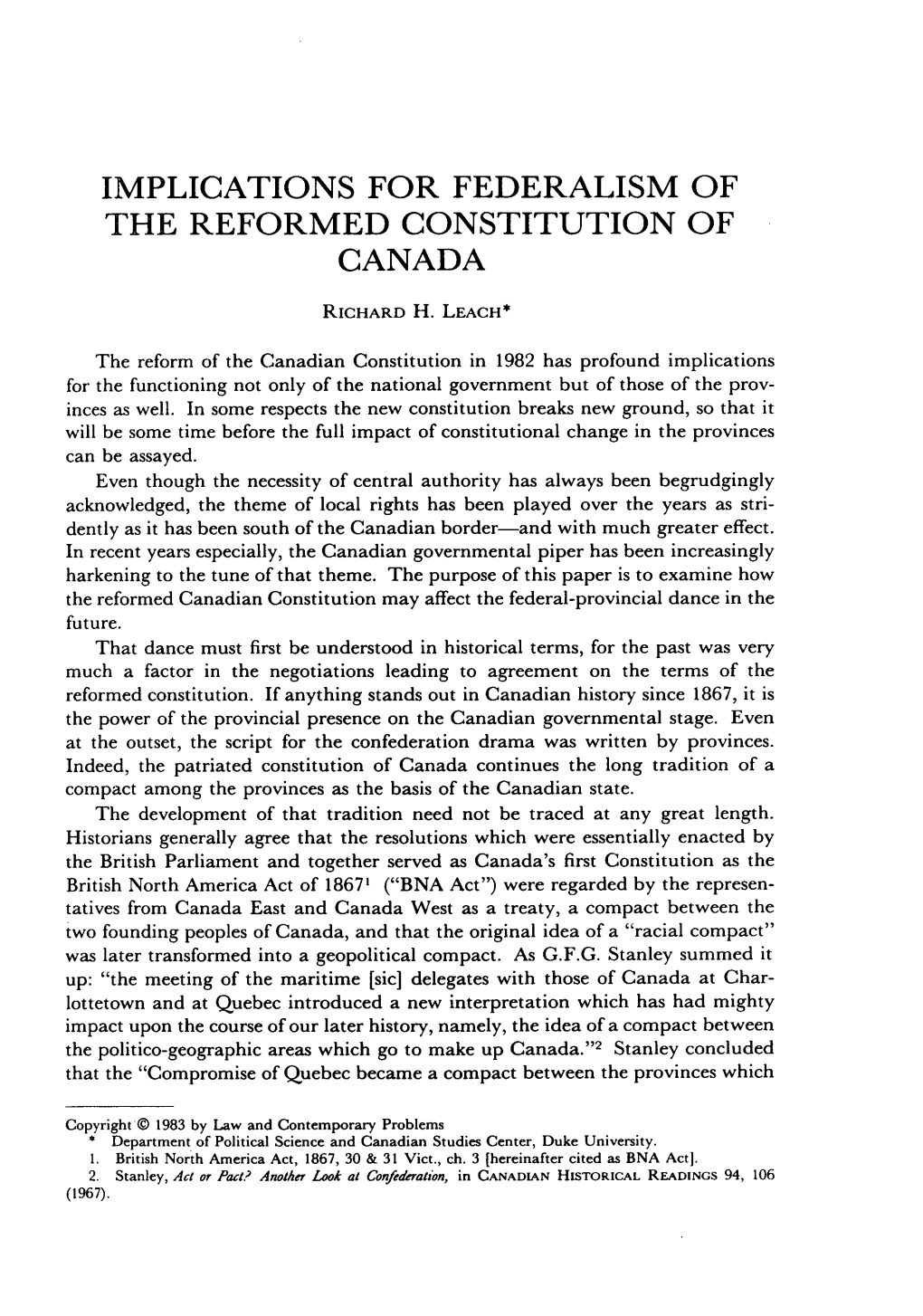 Implications for Federalism of the Reformed Constitution of Canada