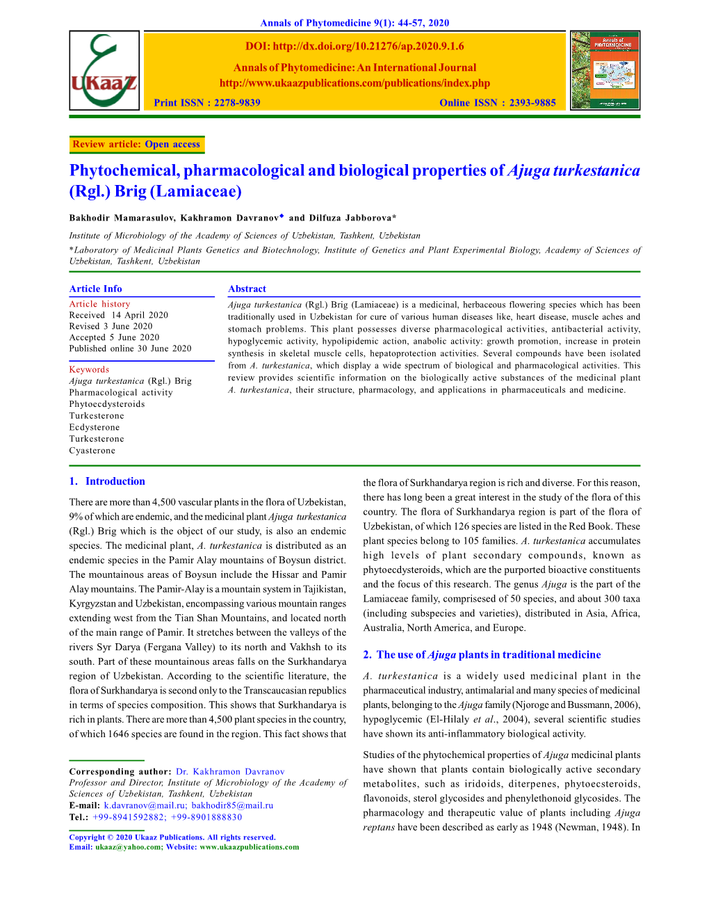 Phytochemical, Pharmacological and Biological Properties of Ajuga Turkestanica (Rgl.) Brig (Lamiaceae)