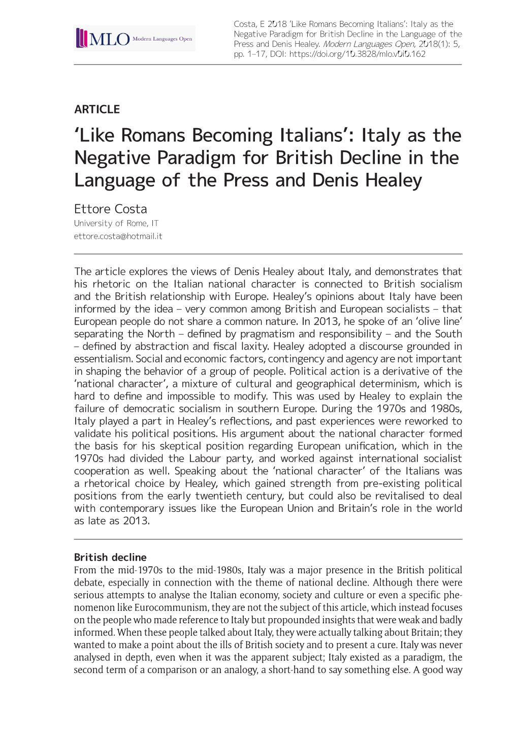 Italy As the Negative Paradigm for British Decline in the Language of the Press and Denis Healey
