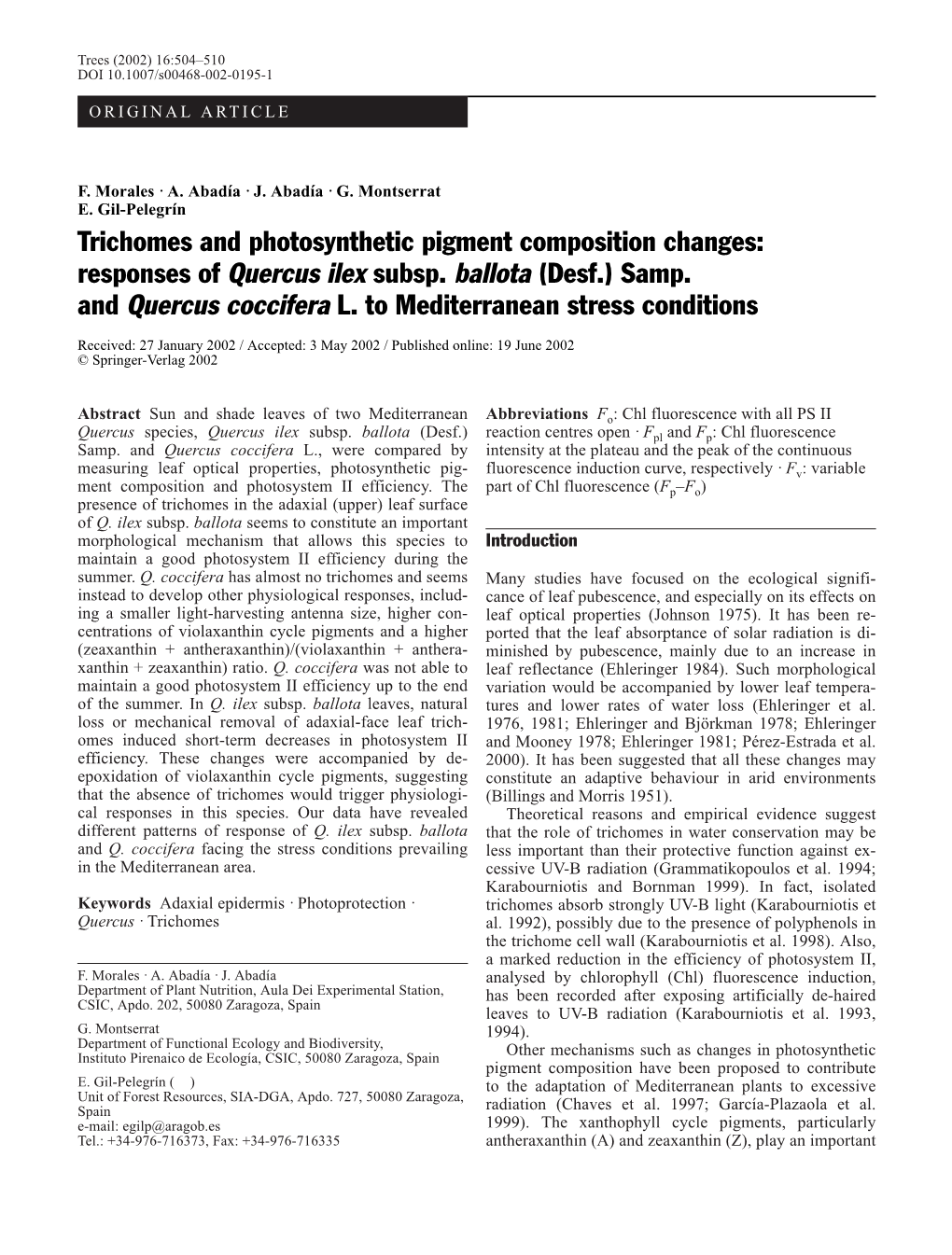 Trichomes and Photosynthetic Pigment Composition Changes: Responses of Quercus Ilex Subsp