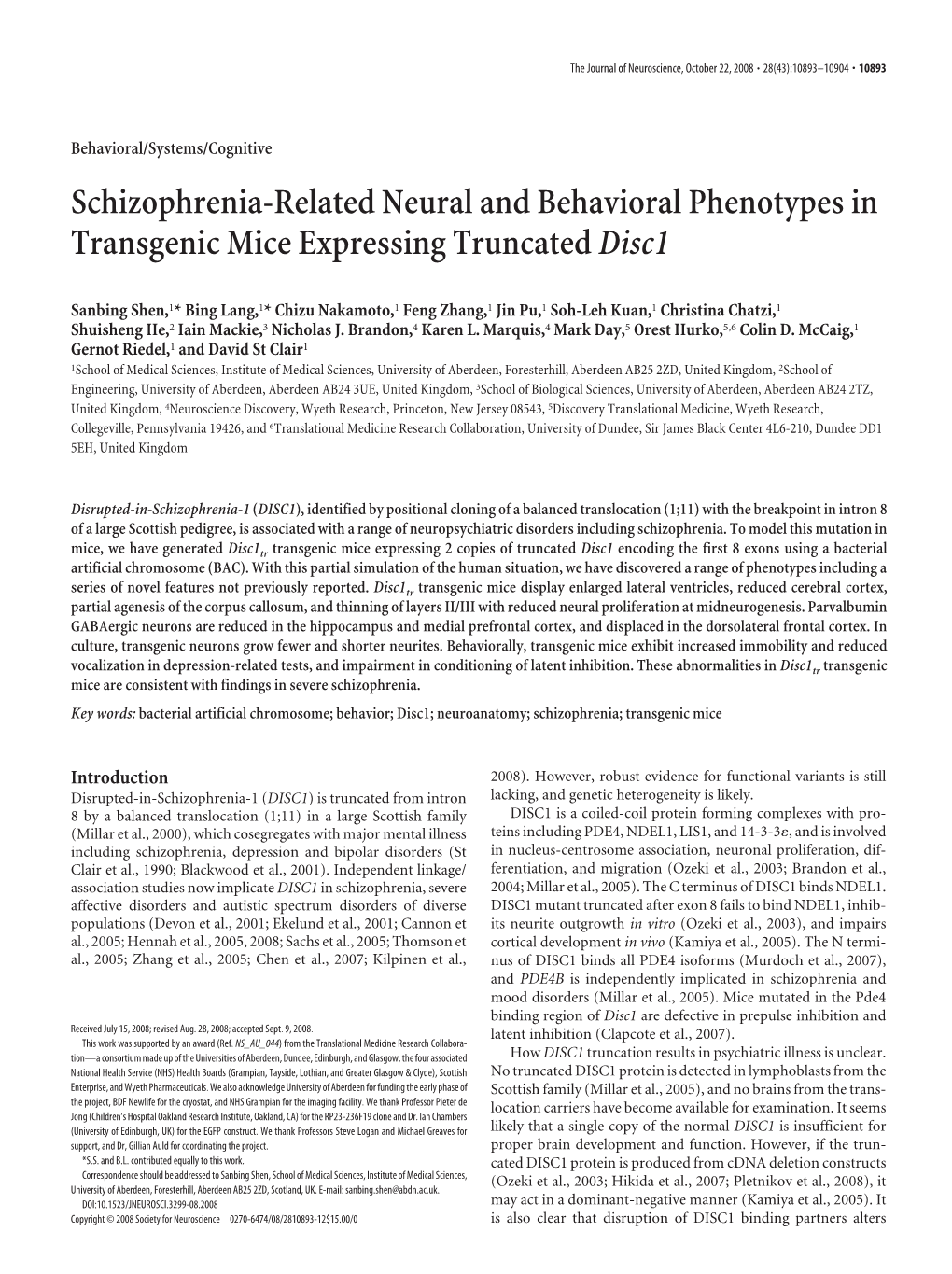 Schizophrenia-Related Neural and Behavioral Phenotypes in Transgenic Mice Expressing Truncated Disc1