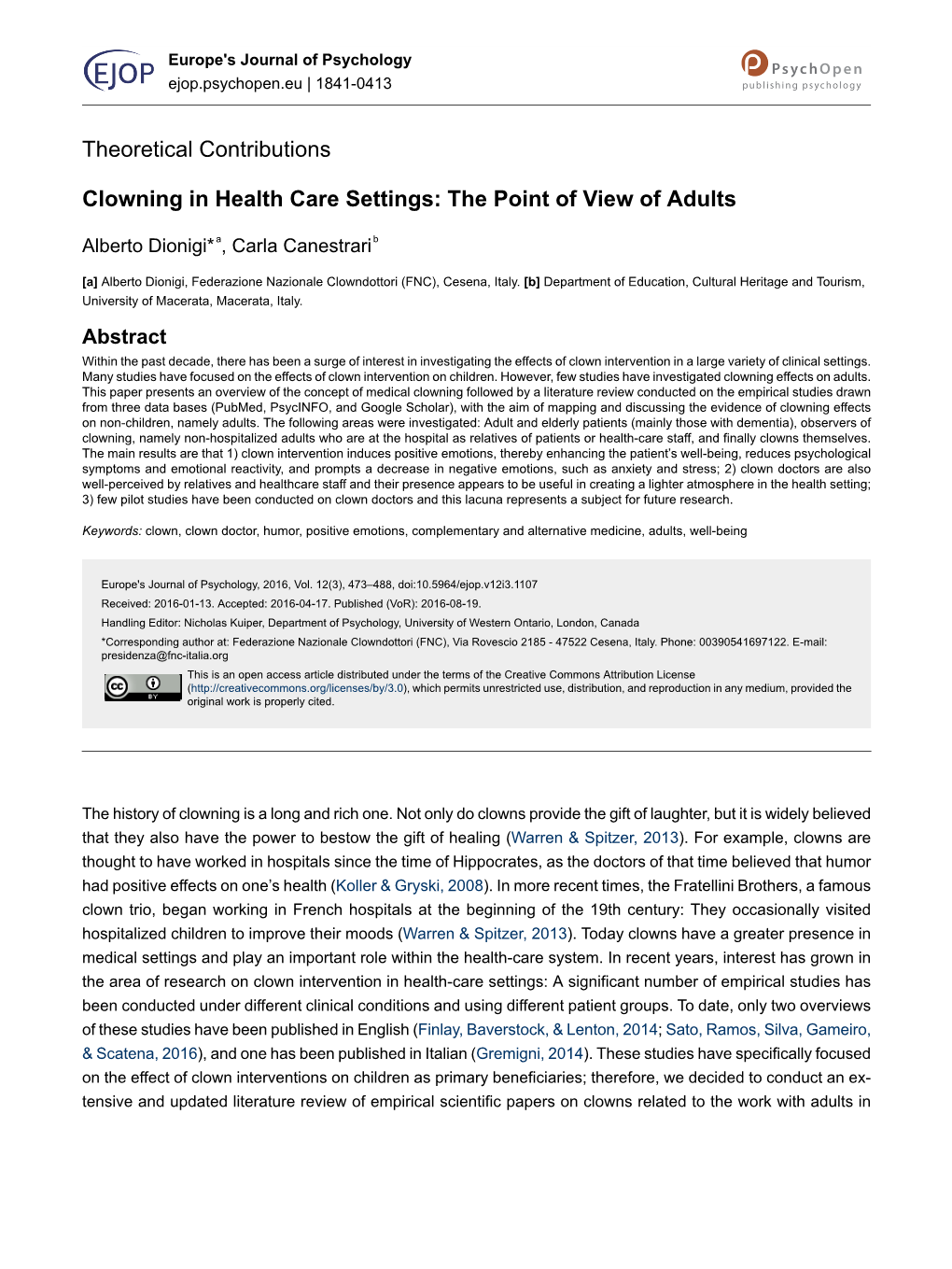 Clowning in Health Care Settings: the Point of View of Adults