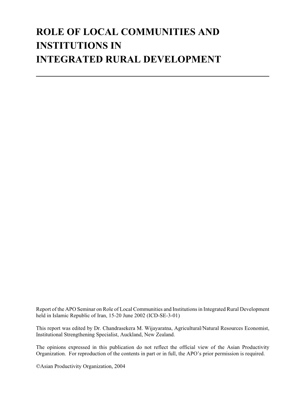 Role of Local Communities and Institutions in Integrated Rural Development