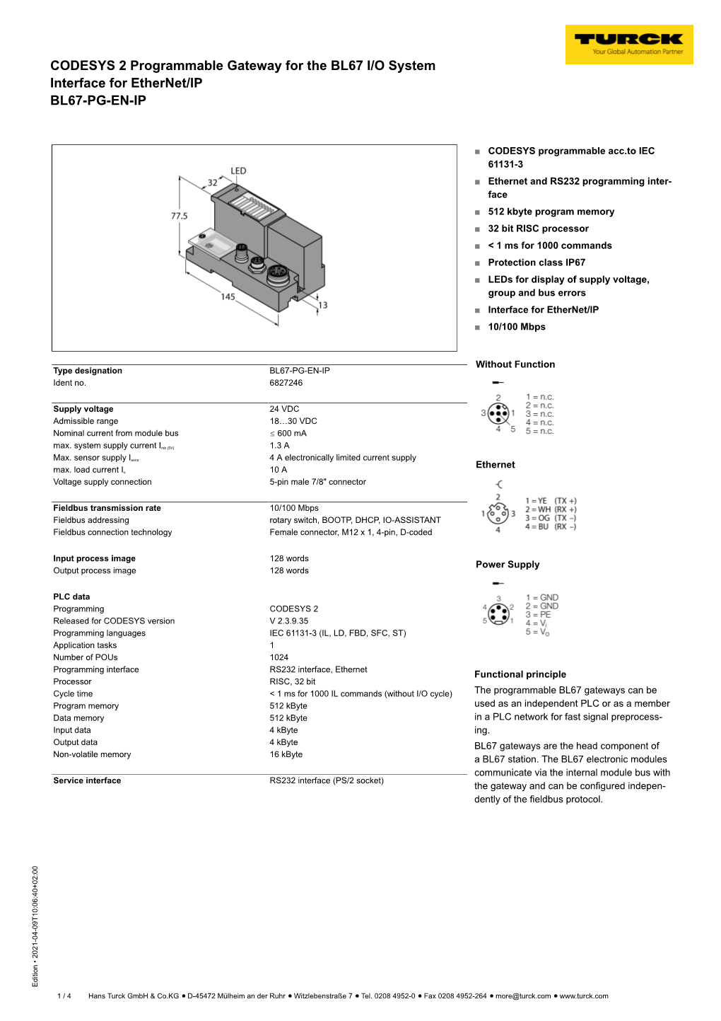 CODESYS 2 Programmable Gateway for the BL67 I/O System Interface for Ethernet/IP BL67-PG-EN-IP