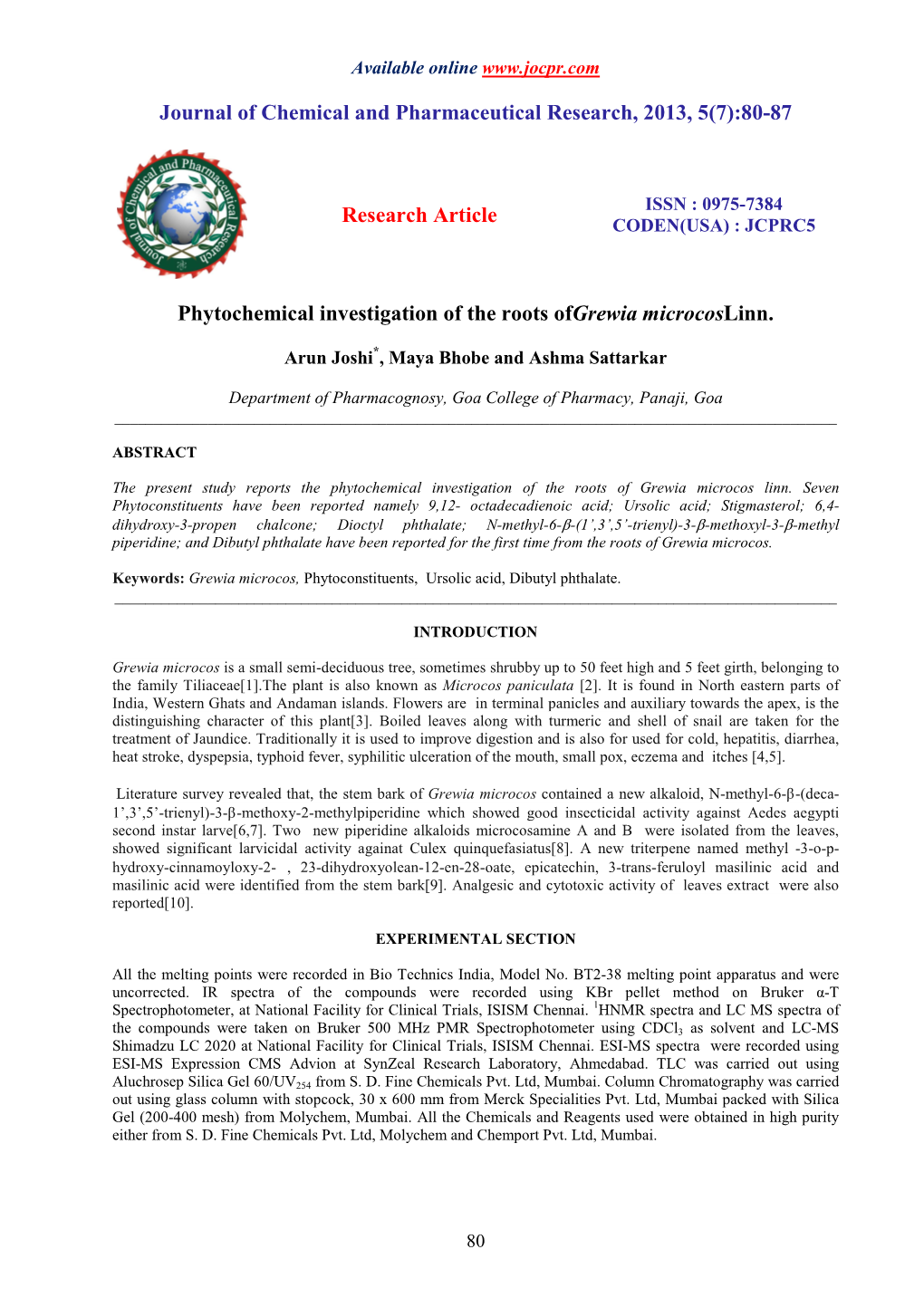 Phytochemical Investigation of the Roots of Grewia Microcos Linn