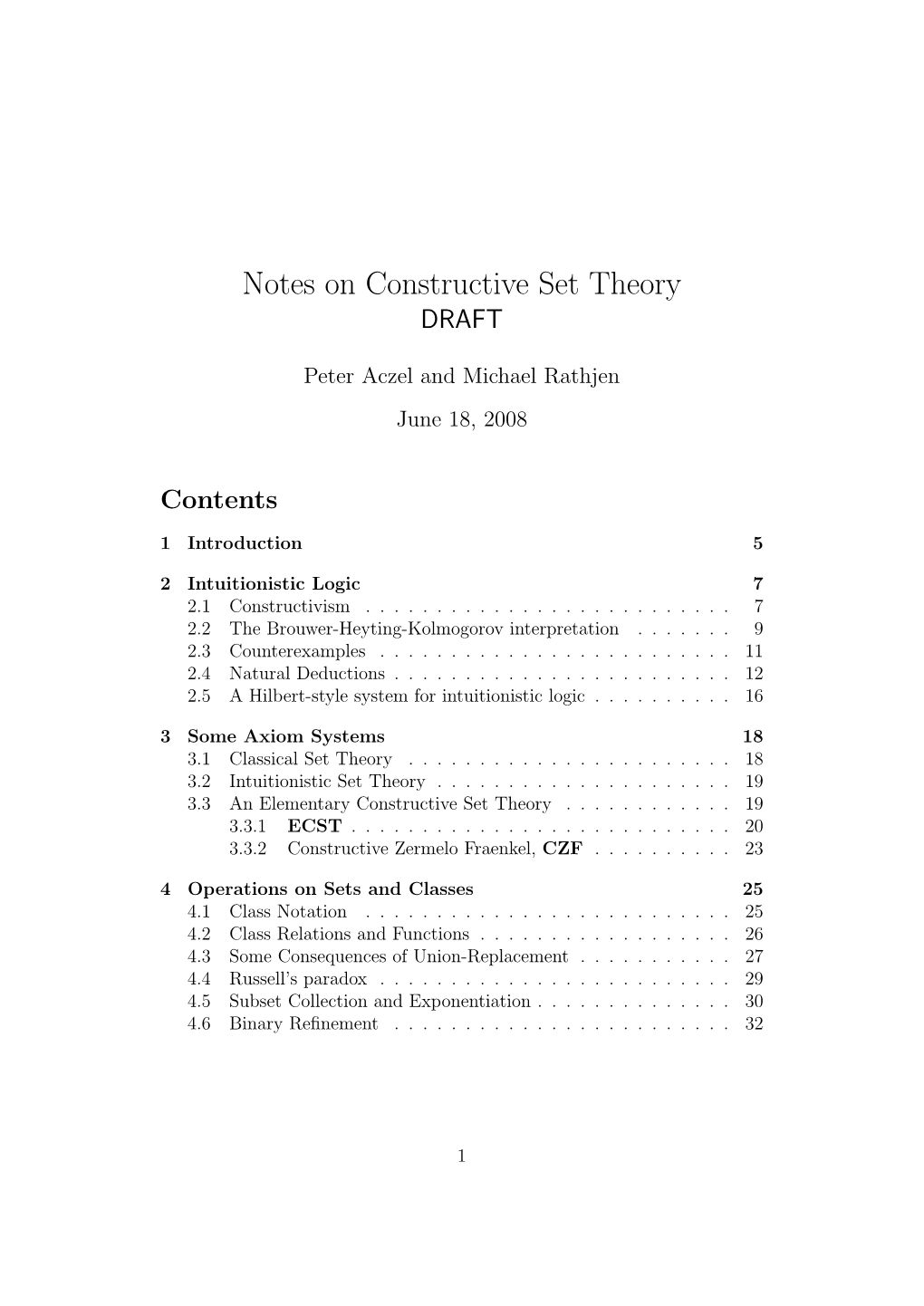 Notes on Constructive Set Theory DRAFT