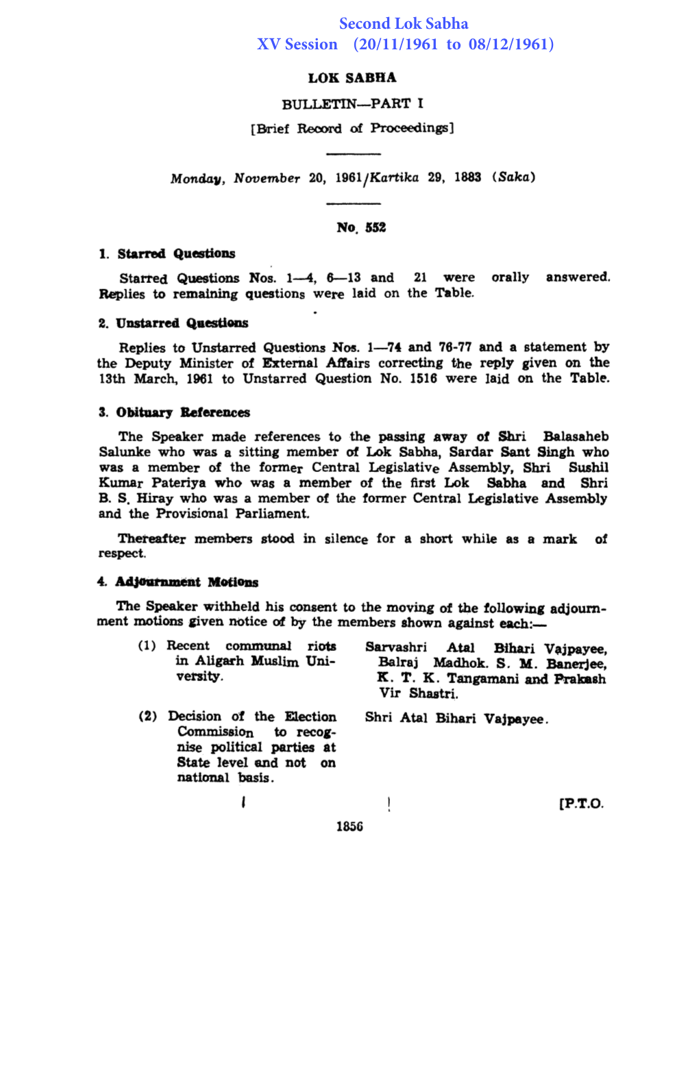 Second Lok Sabha XV Session (20/11/1961 to 08/12/1961)