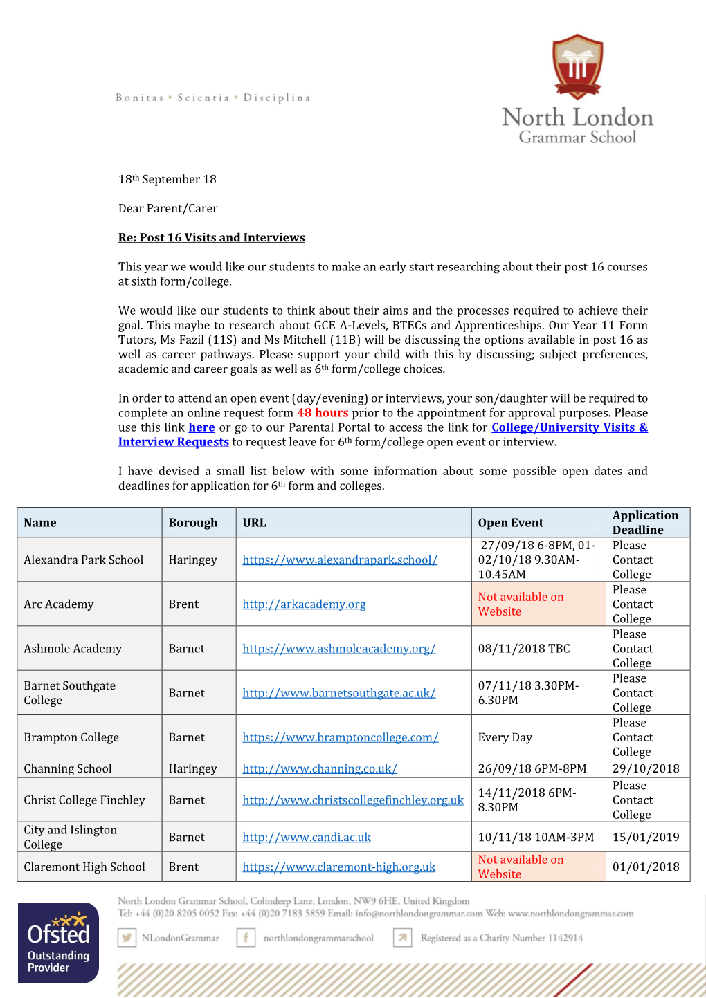 18Th September 18 Dear Parent/Carer Re: Post 16 Visits And