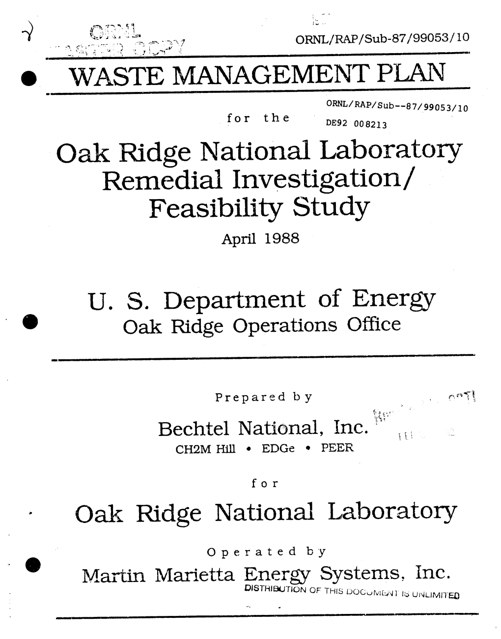 Remedial Investigation/ Feasibility Study April 1988