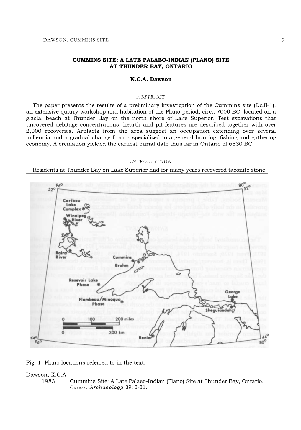 Cummins Site: a Late Palaeo-Indian (Plano) Site at Thunder Bay, Ontario