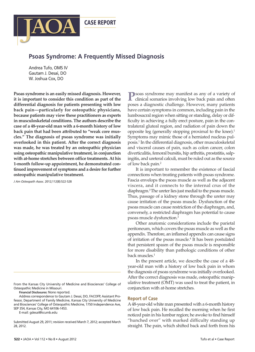 CASE REPORT Psoas Syndrome: a Frequently Missed Diagnosis