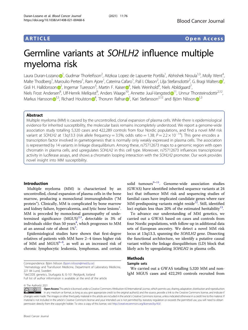 Germline Variants at SOHLH2 Influence Multiple Myeloma Risk