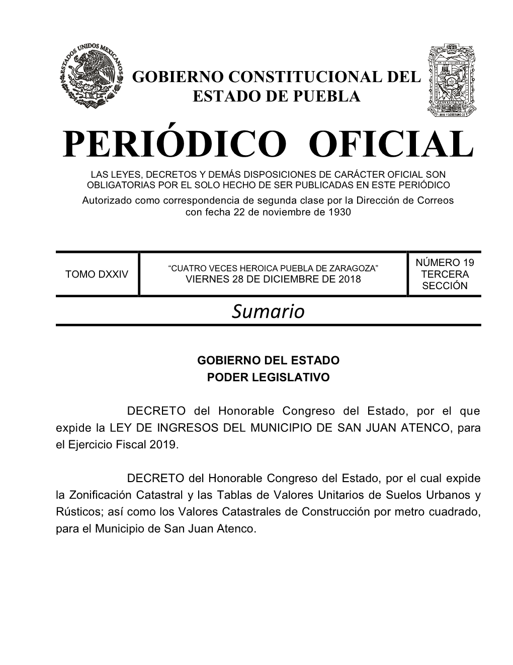 LEY DE INGRESOS DEL MUNICIPIO DE SAN JUAN ATENCO, Para El Ejercicio Fiscal 2019