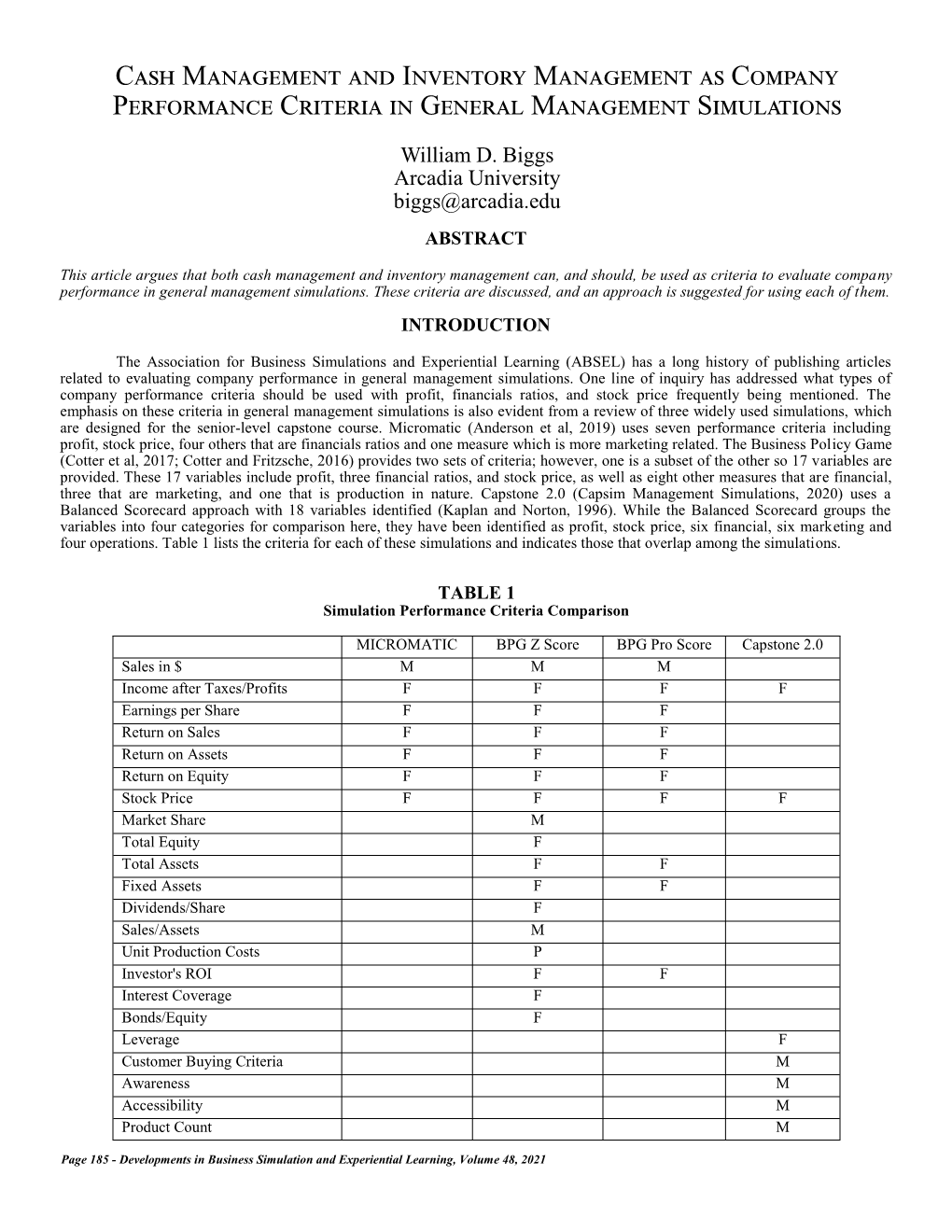 Cash Management and Inventory Management As Company Performance Criteria in General Management Simulations