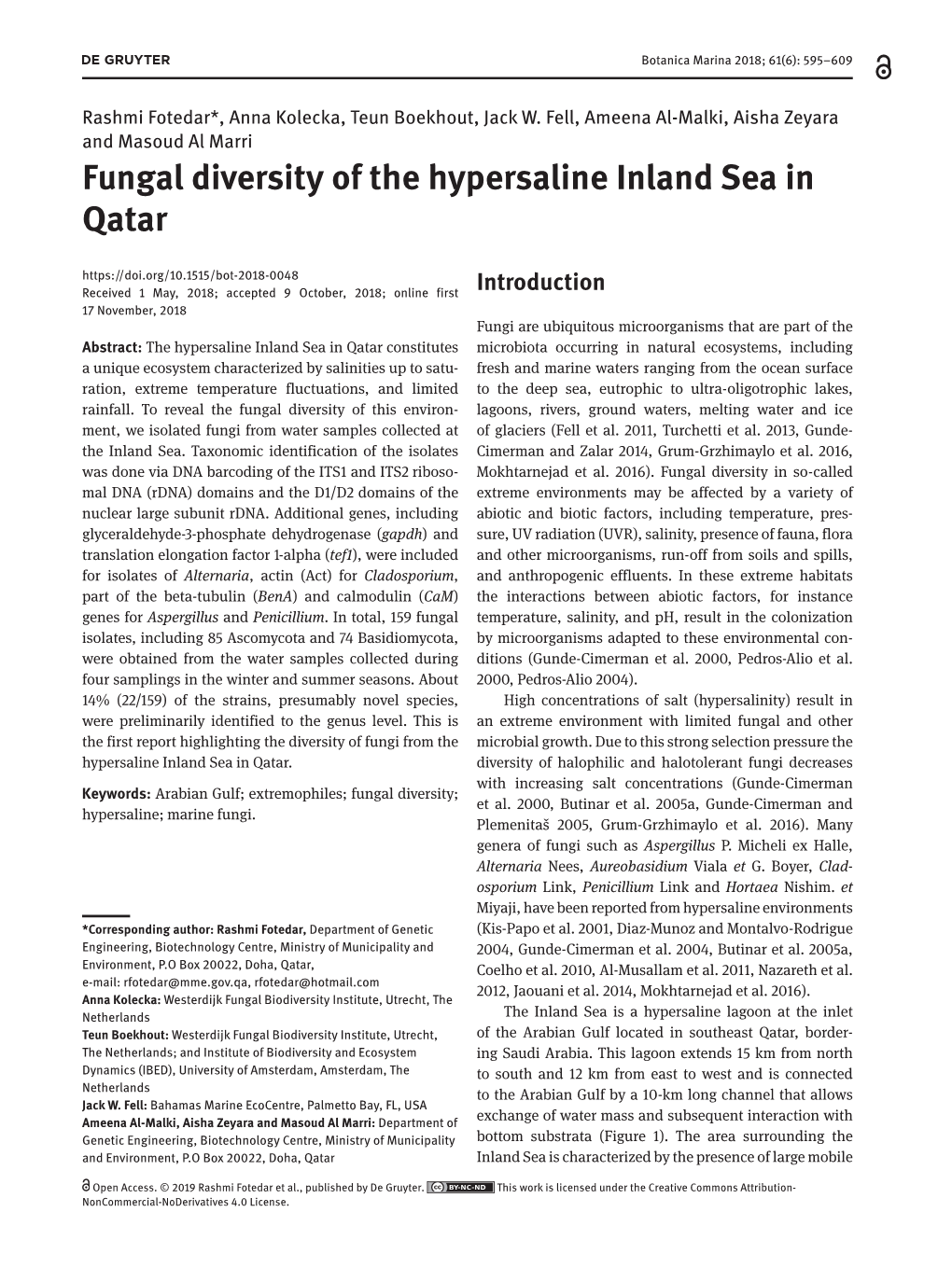 Fungal Diversity of the Hypersaline Inland Sea in Qatar