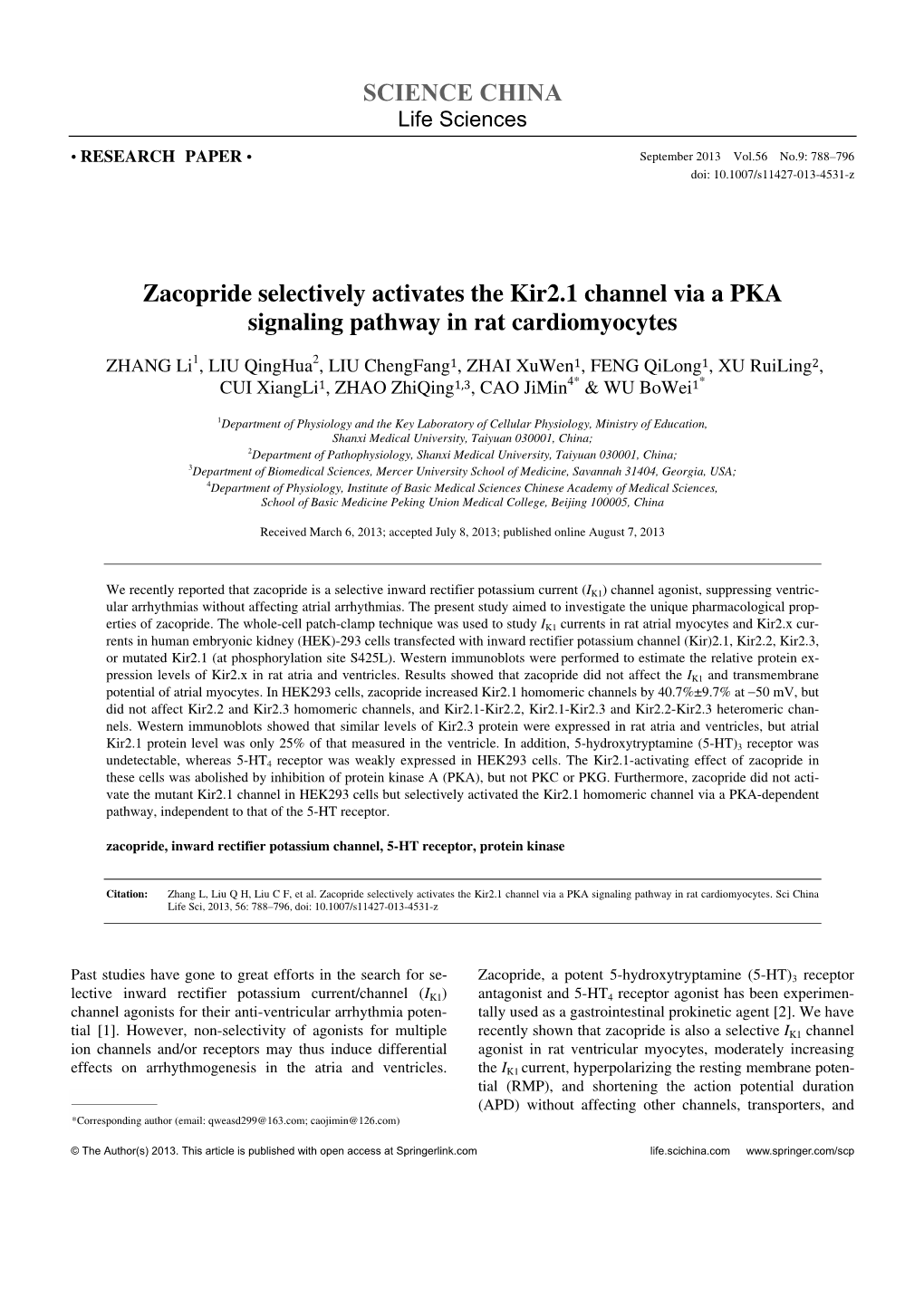Zacopride Selectively Activates the Kir2. 1 Channel Via a PKA Signaling